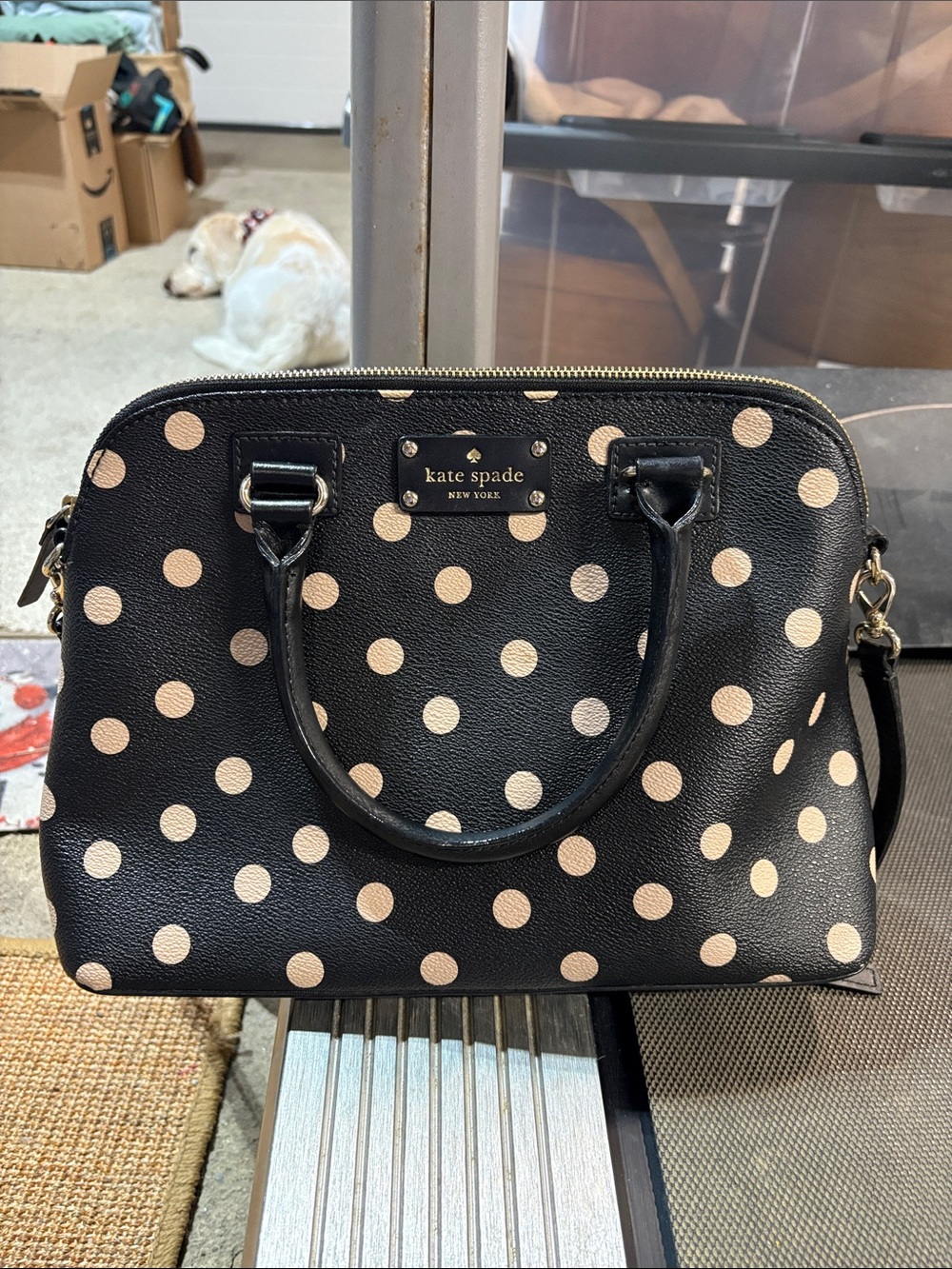 kate spade Black Satchel with Cream Polka Dots and Gold Hardware